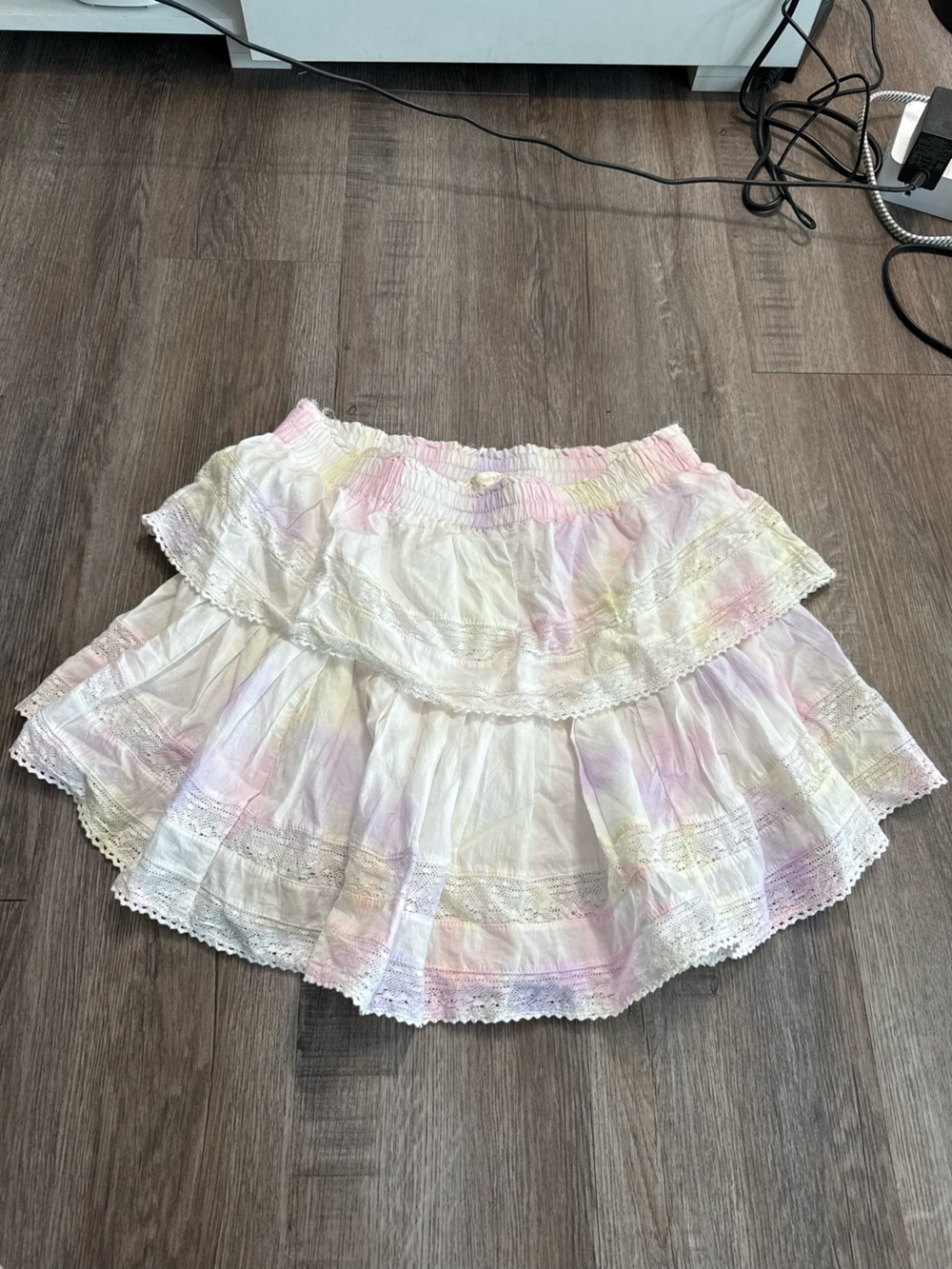 LoveShackFancy tie dye ruffle mini skirt size medium
